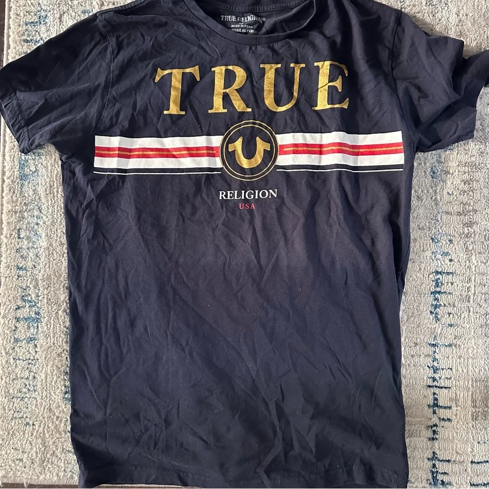 True Religion Navy Graphic Logo T-Shirt Gold Foil USA Tee Size L